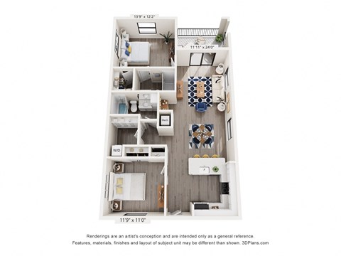 Floor plan for 2 beds, 2 baths, 1036 sqft